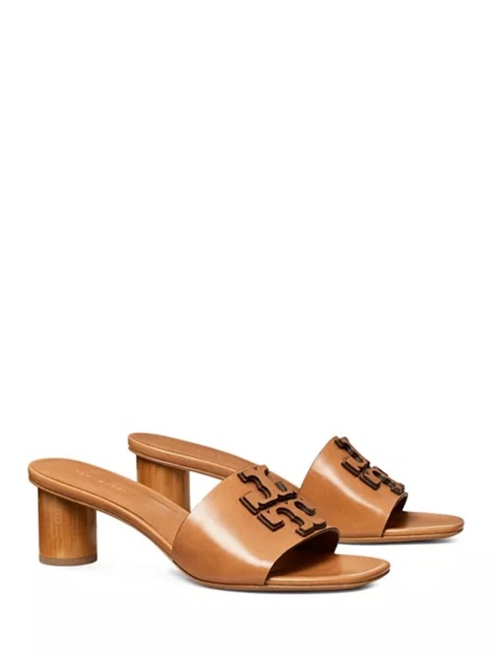 Tory Burch Ines Mule Sandals Tan Leather Logo Block Heel Size 8M